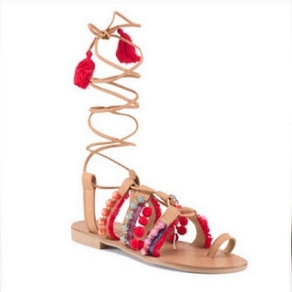 Barbara Barbieri Red Multi Tassel & Pom Pom Leather Gladiator Sandal Sz 8.5 - Picture 2 of 15